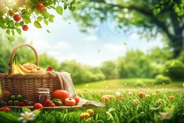 Tranquil picnic scene with a lush green backdrop, basket full of summer delights on a vibrant red blanket, perfect for a day out