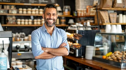 Fototapeta premium Friendly Businessman Standing In Cozy Coffee Shop With Warm Lighting