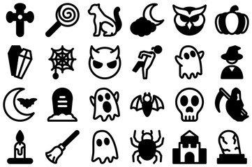 Set Of Halloween Black Vector Symbols Apps, Websites Ui Designs Suitable For Spooky,Horror,Halloween,Grave,October Stroke Icon Collection. Vector Illustration