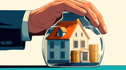 Real estate investment is a thriving industry Picture a male hand grasping a miniature house model accompanied by a stack of coins inside a house shaped frame resting on a table all depicted