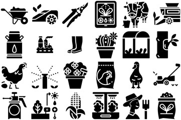 Set Of Garden And Farm Icons Silhouette Vector Logo Design Containing Gardening,Garden,Farm,Animal,Plant Vector Illustration Linear Pictogram Pack
