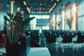 A potted plant sits on a table in a large room with rows of chairs. The room is dimly lit, giving it a somber atmosphere