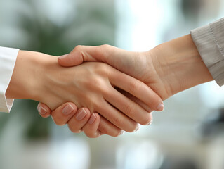 Business handshake. Two unrecognizable businesswomen shaking hands in agreement after successful negotiations. Close-up.