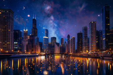 Obraz premium city skyline at night, generative ai
