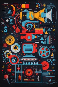 Create an image to outlines the essential elements needed to vividly illustrate the four major film and animation industry associations: ASIFA, AMPAS, PGA, and DGA, highlighting their unique contribut