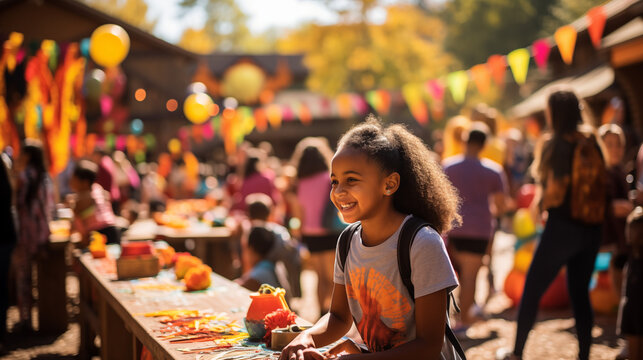 Happy Girl Participating in Craft Activities at a Festival