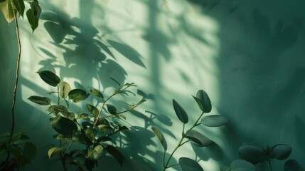A green wall with plants and a shadow on it