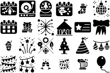 A Collection Of Celebrations Glyph Icons Silhouette Vector Logo Design Containing Festival,Party,Celebration,Confetti,Christmas Simple Black Style Symbol Sign For Apps And Website, Vector Illustration