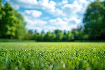 A lush green field with a blue sky in the background. The sky is dotted with clouds, giving the scene a peaceful and serene atmosphere