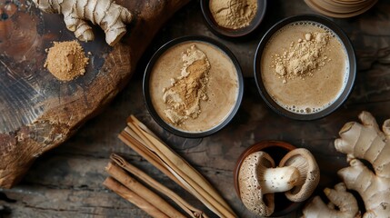 Fototapeta premium Healthy drinks, Top view of ginger, cinnamon, mushroom, and turmeric powder on a rustic wooden background.