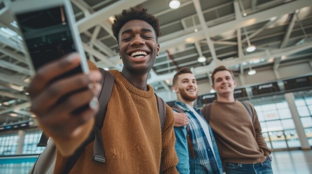 A selfie, university campus, and student pals photo for social media, group networking, or mobile memory. 5g tech scholarship expo for college and school guys