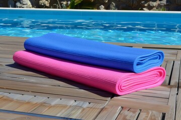 Brightly colored yoga mats stacked by a pool, ready for an energizing outdoor session under the clear sky