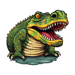 Fototapeta premium Vector illustration of a colorful, cartoon-style alligator with sharp teeth, sitting on the ground, looking fierce yet playful.