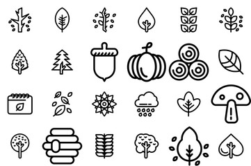 Set Of Linear Autumn Line Icons Silhouette Vector Logo Design Containing Leaves,Leaf,Flower,Plant,Tree Set Vector Flat Line Icons