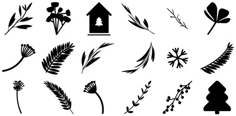 A Collection Of Winter Nature Icons Web Header Banner Design Containing Plant,Winter,Flower,Leaf,Dry Outline Icons Collection. Simple Vector Illustration