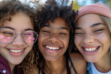 Fototapeta premium Three young women are smiling and posing for a picture. They are wearing glasses and hats, and one of them has a nose ring. Scene is happy and lighthearted