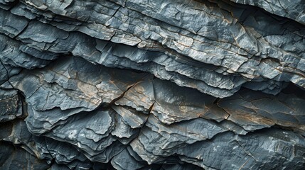 A detailed view of a rock surface showing numerous strata and layers