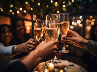 Elegant revelers clink champagne glasses in festive outdoor soir?e