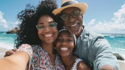Obraz premium Tourist beach portrait, hilarious woman, and senior parents. Face, daughter, and elderly mother and father celebrating family connection at ocean, smiling and laughing.