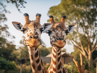 Endangered species giraffe couple stand close in zoo enclosure