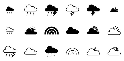 Mega Set Of Vector Weather Clouds Isolated Silhouette Solid Icons With Clouds,Cloud,Overcast,Weather,Cloudy Stroke Icon Collection. Vector Illustration