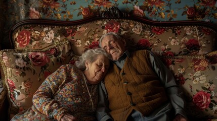 Senior couple unwinds on living room couch for afternoon sleep, relaxed lifestyle, and retirement at home. Old couple sleeping on apartment lounge sofa with love, care
