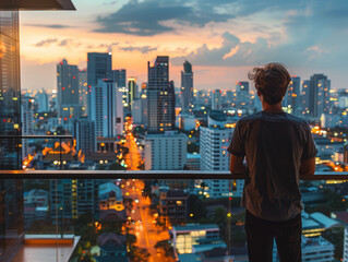 A man standing on a balcony overlooking a city at sunset.