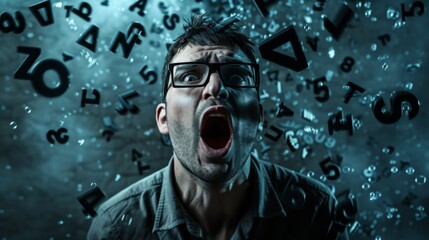 Frustrated Man Screaming Surrounded by Floating Letters