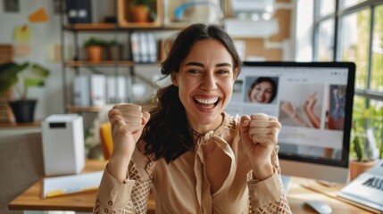Excited businesswoman at her workplace computer, celebrating fantastic news via email. After first sale on firm website, startup employee gets financial freedom, deal, and corporate success.