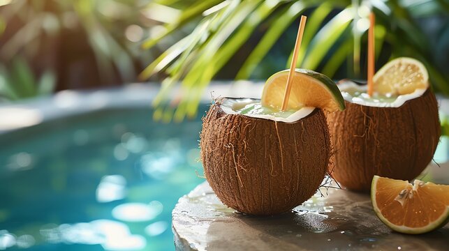 Healthy drinks, Two refreshing coconut cocktails by a pool, perfect for a tropical getaway.