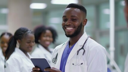 Hospital, doctor, and black man on tablet at clinic for insurance, wellness app, and medical service. Happy, health professional and consultant on digital tech for telemedicine and aid