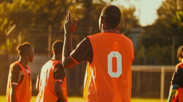 At sunrise, rugby players and men chat on the field. Teams and athletes sitting together after training or buddies working out in game