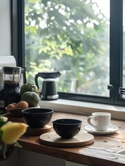 A kitchen counter with a white coffee cup, a black bowl, and a white plate. The scene is cozy and inviting
