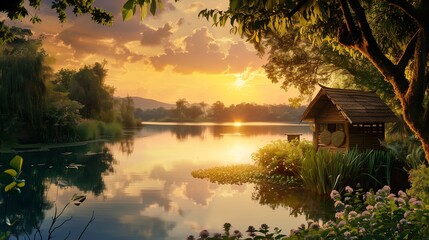 A serene sunset casts golden hues over a lake, mirroring a cottage nestled among Ayurvedic herbs.