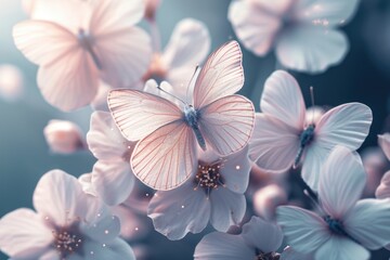 A butterfly is surrounded by pink flowers. The butterfly is the main focus of the image, and the pink flowers are the background. The image has a serene and peaceful mood, as the butterfly