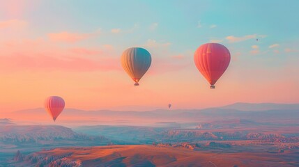 Fototapeta premium A tranquil morning with hot air balloons rising gently into the sky, their colors vibrant against the soft pastel hues of dawn. The minimalist approach captures the peacefulness and beauty of the