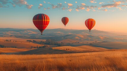 Naklejka premium A balloon adventure over a scenic field, with the balloons drifting lazily in the clear, blue sky. The simplicity of the landscape and the vibrant colors of the balloons create a joyful and uplifting