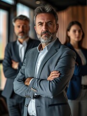 Fototapeta premium Three men in suits are posing for a photo. The man in the middle is wearing a gray jacket and white shirt. The photo has a professional and formal mood
