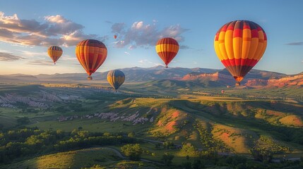 Fototapeta premium A balloon adventure over a scenic landscape, with the balloons drifting gracefully in the clear, blue sky. The simplicity of the composition highlights the beauty and freedom of the balloons in