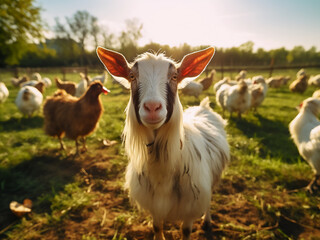 Fototapeta premium On an organic farm, a goat and free-range chicken graze together in harmony