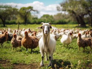 Harmoniously coexisting, a goat and free-range chicken roam an organic farm