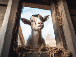 Inquisitive eyes peer from the barn as a charming goat looks outward