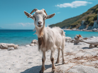 Obraz premium In the scenic beauty of Bella Vraka beach, Sivota, Thesprotia, Greece, a goat explores