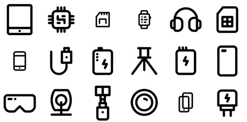 Set Of Phone Accecories Icons Web Header Banner Design Containing Smartphone,Phone,Camera,Charging,Charge Simple Black Style Symbol Sign For Apps And Website, Vector Illustration
