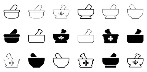 Set Of Linear Pestle And Mortar Icons Collection Isolated Silhouette Solid Icons Including Herbal,Mortar,Pestle,Medicine,Pharmacy Pictograms And Infographics Design Elements Vector Illustration