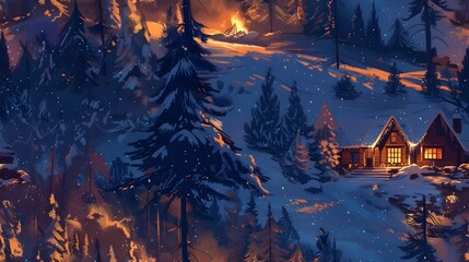 Obraz premium Cozy Mountain Cabin Nestled in a Picturesque Snow Dusted Forest with a Roaring Fire Illuminating Guests Enjoying Hot Chocolate and Roasting