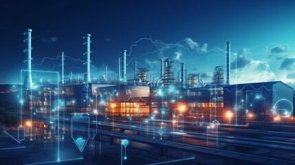 Modern factory, communication network. Telecommunication. IoT, Internet of Things, ICT, Information communication Technology,. Smart factory. Digital transformation, cloud connecting, generate by AI