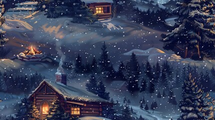Obraz premium Cozy Winter Wonderland Cabin in Serene Forest Landscape with Crackling Fireplace and Roasting Marshmallows