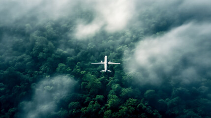 Sustainable aviation fuel concept of flight running on biofuel green energy. A plane flies over the forest surrounded by misty white clouds..