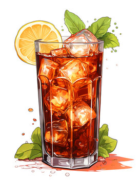 recommend clip art: Cola mojito cocktail with ice cubes, citrus and fresh mint leaves. Cooling summer drink in a glass modern illustration